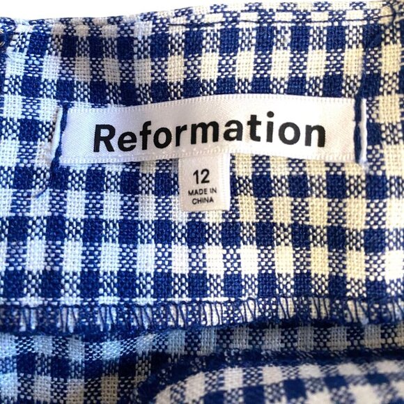 Reformation Vera Linen Blue/White Gingham Mini Skirt Size 12 - Picture 2 of 5